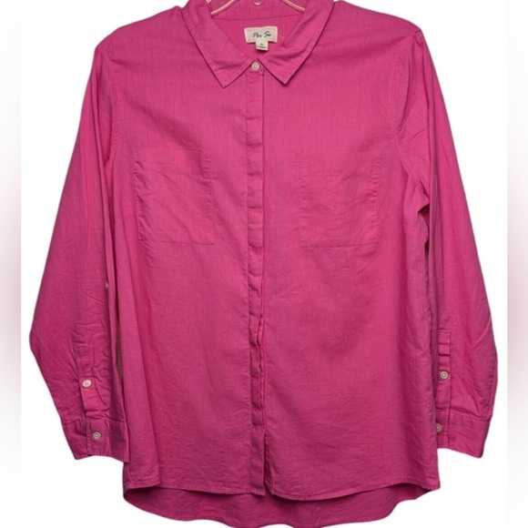Per Se Sz M pink buttoned down long sleeves linen cotton blend - Picture 7 of 8